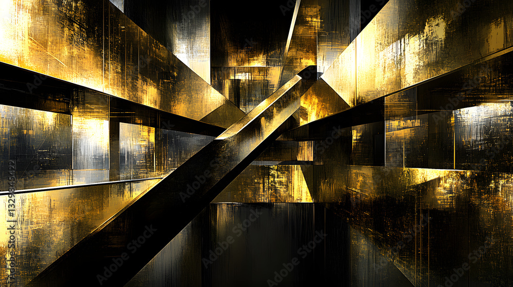 Poster abstracted cityscape featuring layered polygon textures and bold colors creating an intriguing and i