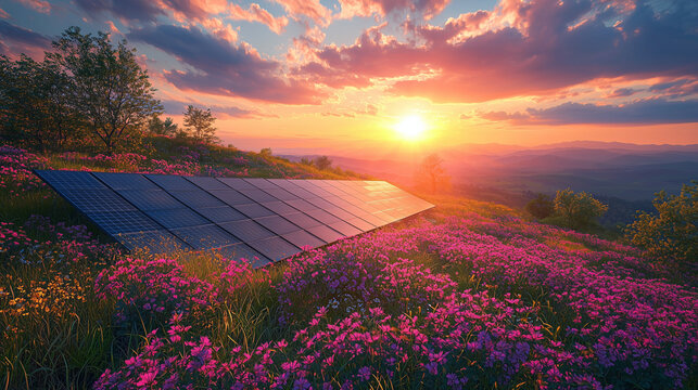 Morning sun rays rising through mountains reflect on solar panels located on hills surrounded by fields of flowers Vision of sustainability, balance, and future where innovation coexists with natural.