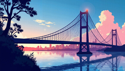 Fototapeta premium Vibrant bridge reflection at sunset, urban beauty unveiled