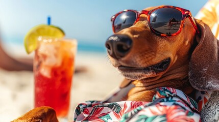 A relaxed Dachshund wearing sunglasses and a Hawaiian shirt, lounging in a beach chair with a tropical drink beside it.