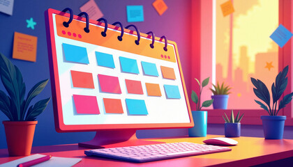 Vibrant calendar illustration in dynamic workspace, organizational motivation