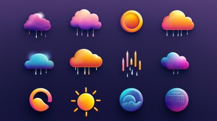 Weather icons representing sunny, cloudy, rainy, and snowy conditions, designed in a vibrant gradient style.