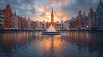 Naklejka premium Enchanting Old Town Square Illuminated by Moonlight with Sparkling Fountain Reflections