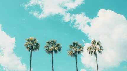 Fototapeta premium Four Palm Trees Silhouetted Against a Bright Blue Sky with Fluffy Clouds