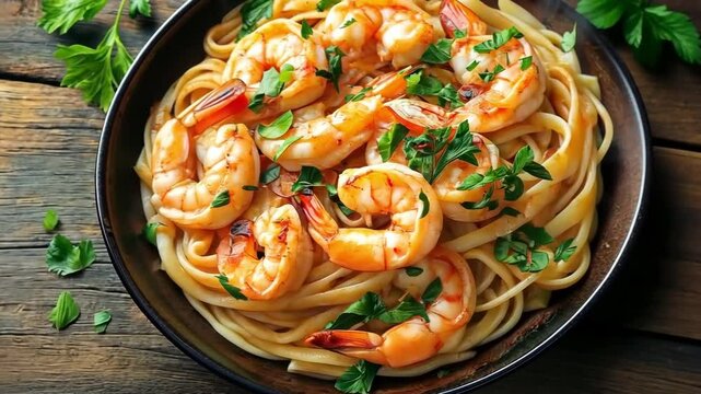 Pasta on a wooden table with grilled prawns, garlic and parsley