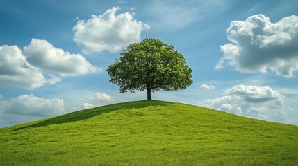 Lonely tree standing on a green hill under a cloudy sky