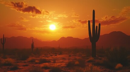Majestic Sonoran Desert Sunset with Saguaro Cacti Silhouettes