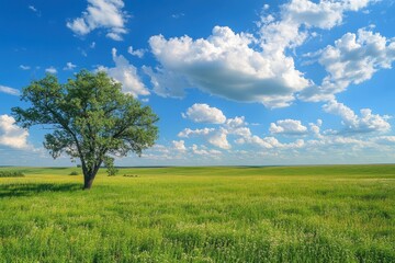 Lonely tree growing in green field under cloudy sky