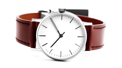 Classic watch with brown leather strap on white
