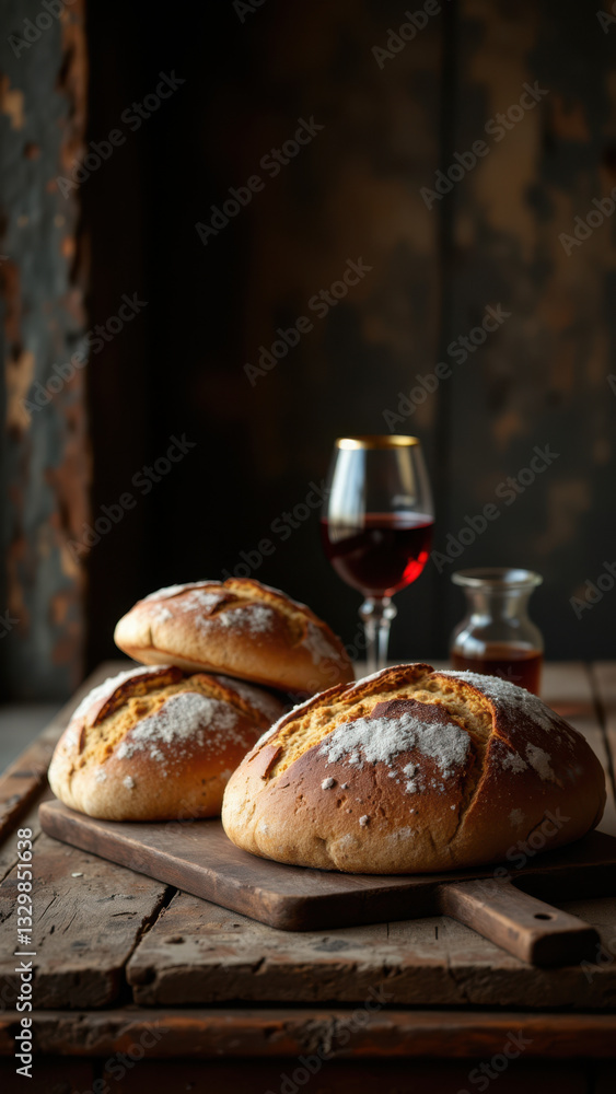 Poster a rustic wooden table displaying a loaf of bread and a bottle of wine with a christian cross symboli