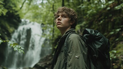 Fototapeta premium Young hiker gazes toward a distant waterfall in lush forest