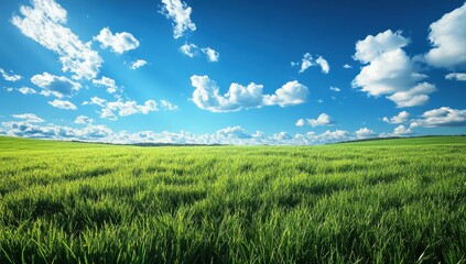 Obraz premium Green grass field shining under blue sky with white clouds during sunny summer day