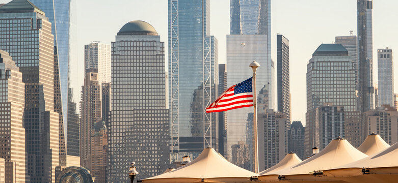 USA flag. Independence Day USA. 4th of July. Flag of United States of America. New York urban city. NYC skyline. Urban landscape. Downtown New York. Urban life in New York. New York.