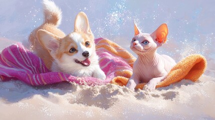A playful Corgi digging in the sand while a mischievous Sphynx cat watches from the safety of a beach towel.