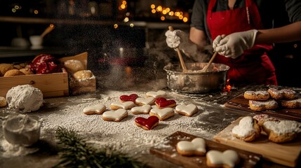 Baking heart-shaped cookies cozy kitchen culinary art festive atmosphere close-up love and celebration