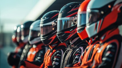 Motorsport team prepares for race day in vibrant racing suits