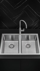 Stainless steel double sink with faucet in modern kitchen
