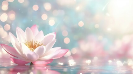 Fototapeta premium Beautiful pink water lily floating on water surface with bokeh effect