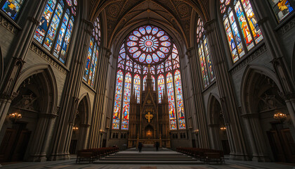 Fototapeta premium Stained glass window, interior of St Vitus Cathedral in Prague, St Vitus cathedral in Prague, stained glass window in church 32K Resolution
