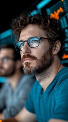 Focused Man with Glasses Analyzing Data Trends Modern Office Professional Portrait Digital Environment Close-up Insightful Analytics