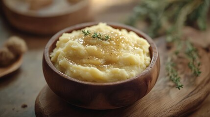 A bowl of mashed potatoes with gravy and herbs.