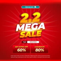 2.2 Mega Shop Sale discount deals dynamic red gradient Editable text effect halftone sun rays style with Extra sale and Cashback simple promotional Square banner flyer poster template 