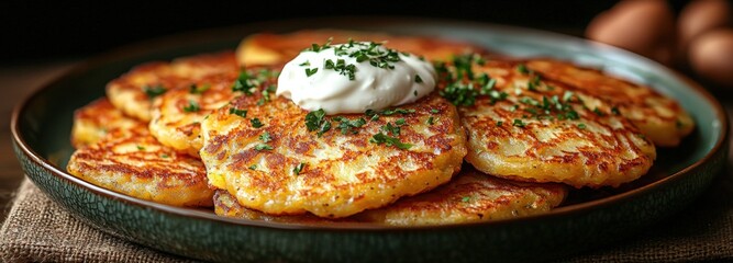 Rustic olive-green plate of golden-brown potato pancakes with dairy-free sour cream
