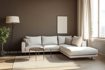 Modern living room with white sectional sofa, brown wall, and large window. (1)