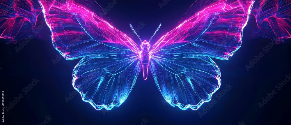 Poster symmetric butterfly glow, two mirror-image neon shapes in ultraviolet at the center, transitioning t