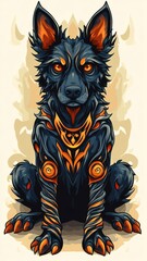 Dog with twisted body flat design front view dark fantasy theme cartoon drawing vivid