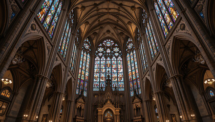 Stained glass window, interior of St Vitus Cathedral in Prague, St Vitus cathedral in Prague, stained glass window in church 32K Resolution