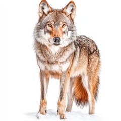 Obraz premium Close-up of a majestic wolf standing on snow in a winter landscape with sharp features and a keen gaze