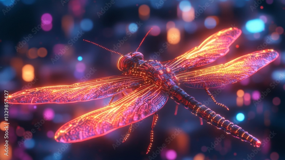Poster glowing red dragonfly in a sparkling bokeh background