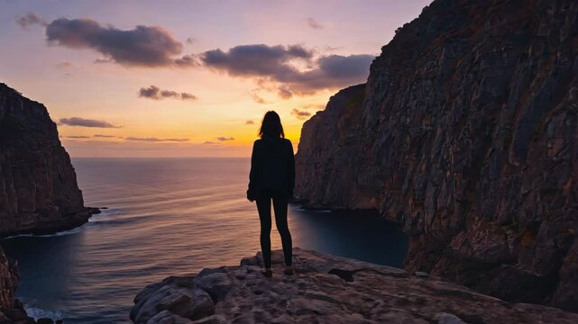 zoom in on woman standing on cliff edge looking at ocean during sunset