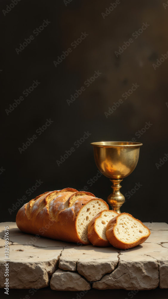 Poster christian communion bread and chalice on stone surface with rustic texture.