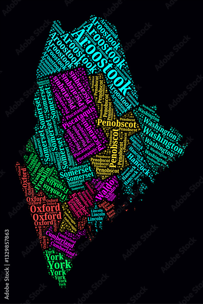 Poster maine word cloud. bright neon style design on dark background. region names text cloud. boundary sha
