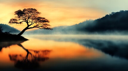 Serene Sunrise Landscape Tree Silhouette Reflected in Misty Lake