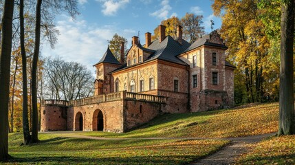 Fototapeta premium Historical castle on a hill with detailed brickwork.