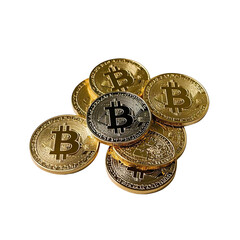 Stack of Gold Bitcoin Scattered on Transparent Background, Generative AI
