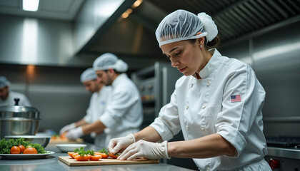 Chefs preparing food in a professional kitchen highlighting hygiene and safety practices