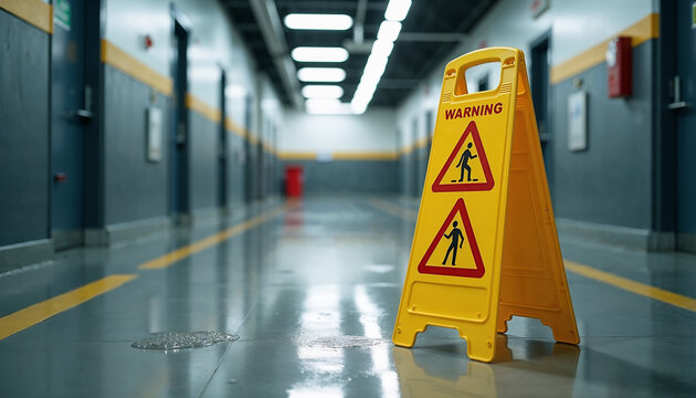 Wet floor warning sign placed in a hallway emphasizing workplace safety measures