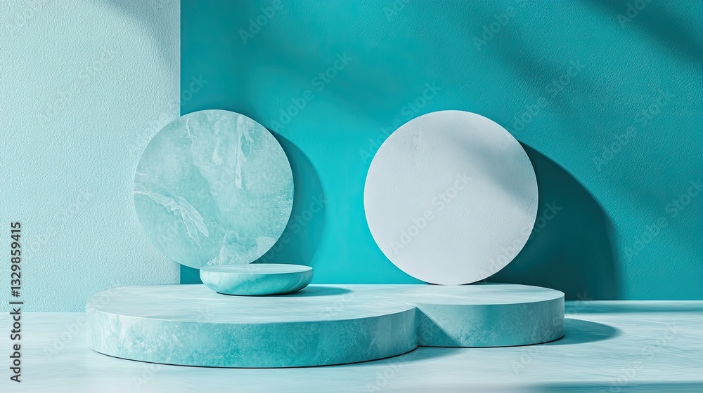 Poster elegant teal and white marble product display platform with circular elements and soft lighting