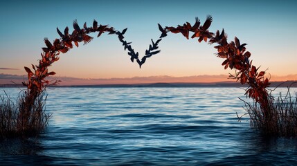 Obraz premium Birds create heart-shaped arch over tranquil waters at sunset nature photography serene environment