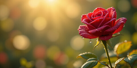Close-up of a vibrant red rose covered in dew drops.
