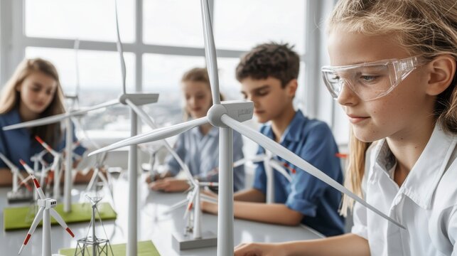 Elementary School Science Project Children Building Wind Turbine Models