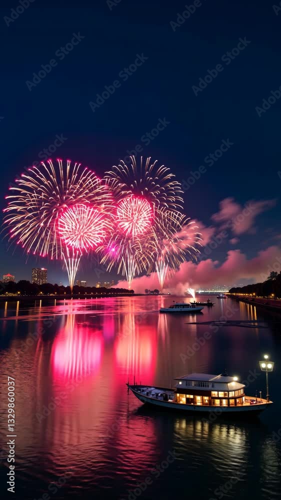 Poster A boat is floating on a river with fireworks in the background. The fireworks are in the sky and are lit up in the night