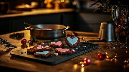 Obraz premium Baking heart-shaped cookies cozy kitchen food photography festive atmosphere close-up holiday treats