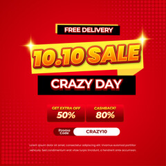 10.10 Crazy Sale discount deals vibrant red gradient Editable text effect halftone pop up style promotional Square banner flyer poster template 