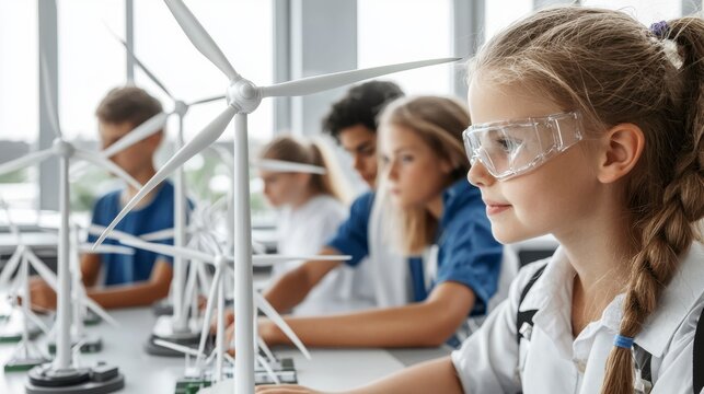 Focused Elementary Students Studying Wind Turbine Models in a Bright Classroom