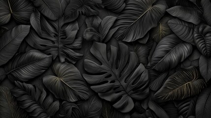 Black and gold leafy background with a black and gold leafy foreground. The leaves are large and intricate, creating a sense of depth and texture